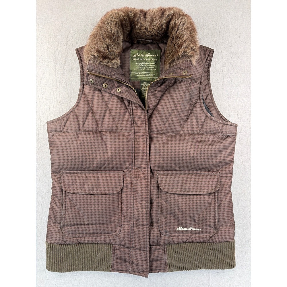 Eddie Bauer Premium Goose Down Vest Brown Houndstooth Faux Fur Collar Womens M